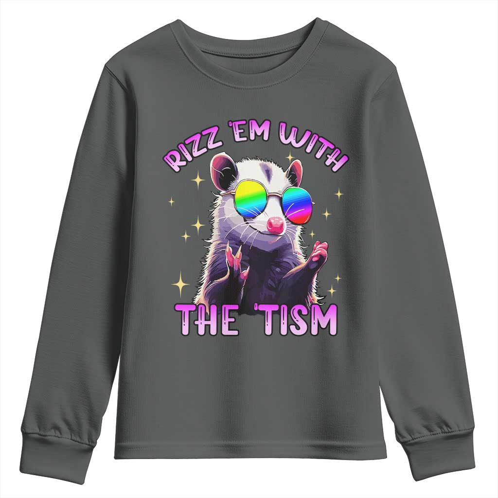 Funny Autism Opossum Youth Sweatshirt Rizz Em With The Tism Meme Autistic TS02 Dark Heather Print Your Wear