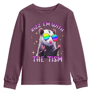 Funny Autism Opossum Youth Sweatshirt Rizz Em With The Tism Meme Autistic TS02 Maroon Print Your Wear