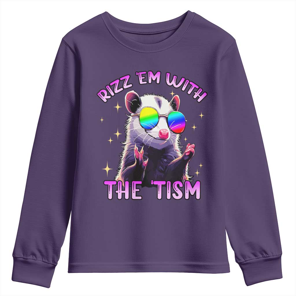 Funny Autism Opossum Youth Sweatshirt Rizz Em With The Tism Meme Autistic TS02 Purple Print Your Wear