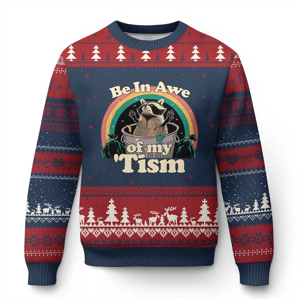Autism Funny Raccoon Ugly Christmas Sweater Be In Awe Of My 'Tism Meme Autistic TS02 Navy Red Print Your Wear