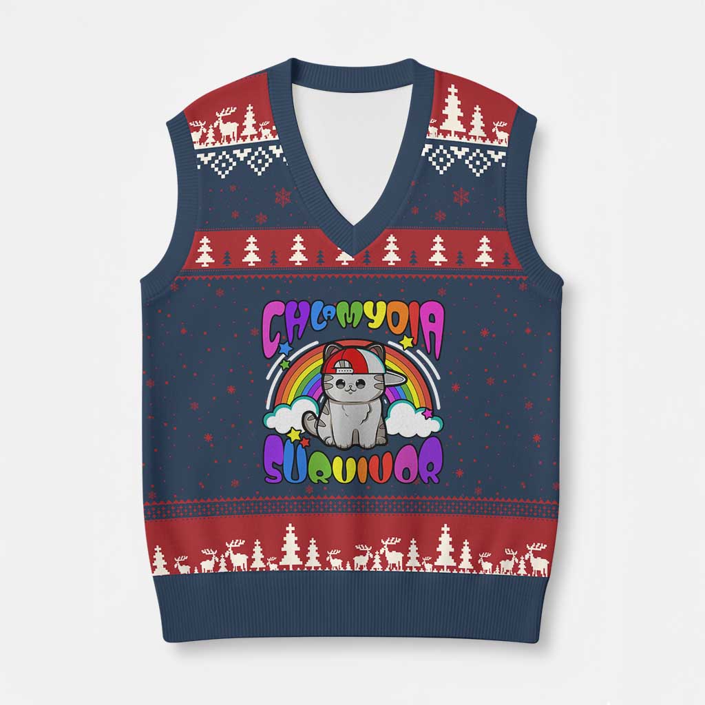 Chlamydia Survivor Cat Meme V-Neck Knit Sweater Vest Funny Y2K Inappropriate Humor TS02 Navy Red Print Your Wear