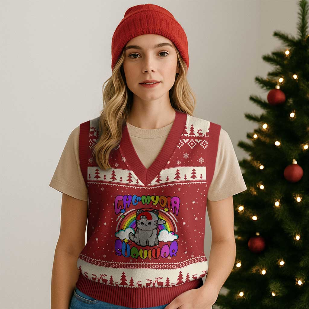Chlamydia Survivor Cat Meme V-Neck Knit Sweater Vest Funny Y2K Inappropriate Humor TS02 Red Beige Print Your Wear