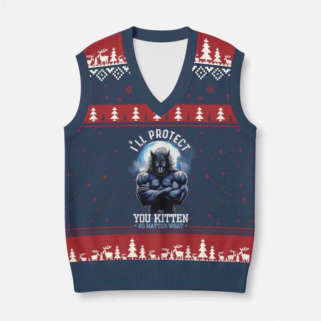 Funny Alpha Wolf Meme V-Neck Knit Sweater Vest I'll Protect You Kitten No Matter What Literally Me Male Werewolf TS02 Navy Red Print Your Wear