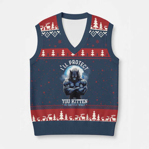 Funny Alpha Wolf Meme V-Neck Knit Sweater Vest I'll Protect You Kitten No Matter What Literally Me Male Werewolf TS02 Navy Red Print Your Wear