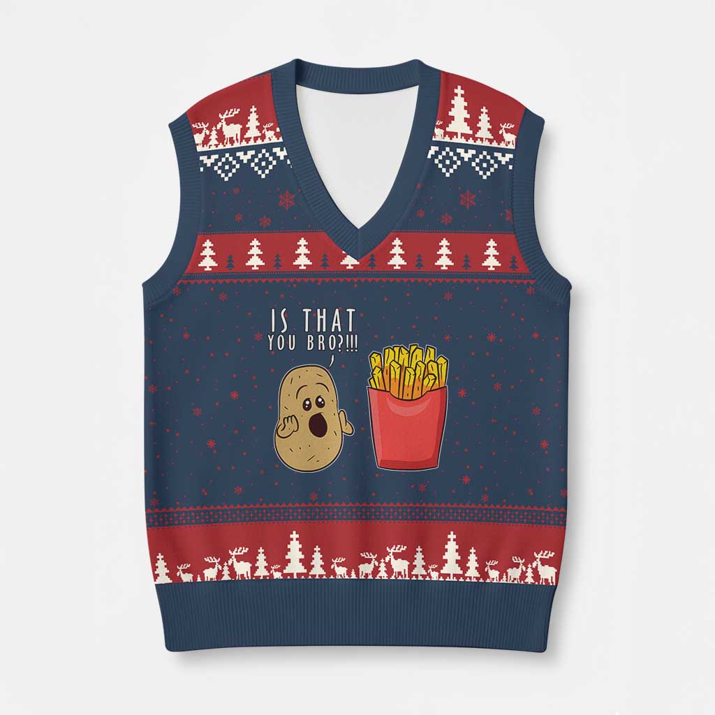 Funny French Fries V-Neck Knit Sweater Vest Potato Is That You Bro Meme Fast Food Fry Lover TS02 Navy Red Print Your Wear