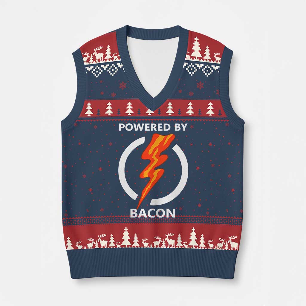 Funny Bacon Lover V-Neck Knit Sweater Vest Powered By Bacon Cured Pork Master TS02 Navy Red Print Your Wear