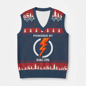 Funny Bacon Lover V-Neck Knit Sweater Vest Powered By Bacon Cured Pork Master TS02 Navy Red Print Your Wear