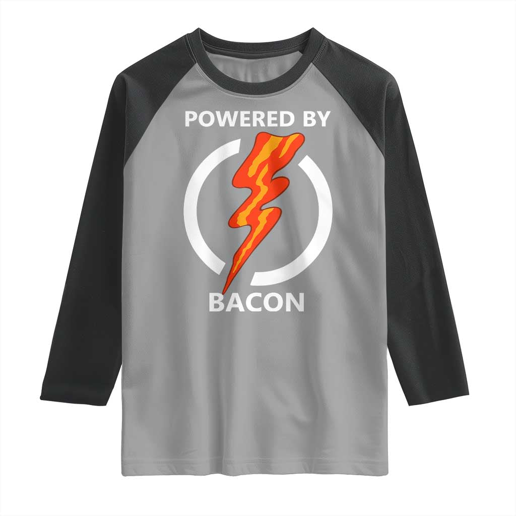 Funny Bacon Lover Raglan Shirt Powered By Bacon Cured Pork Master TS02 Sport Gray Black Print Your Wear
