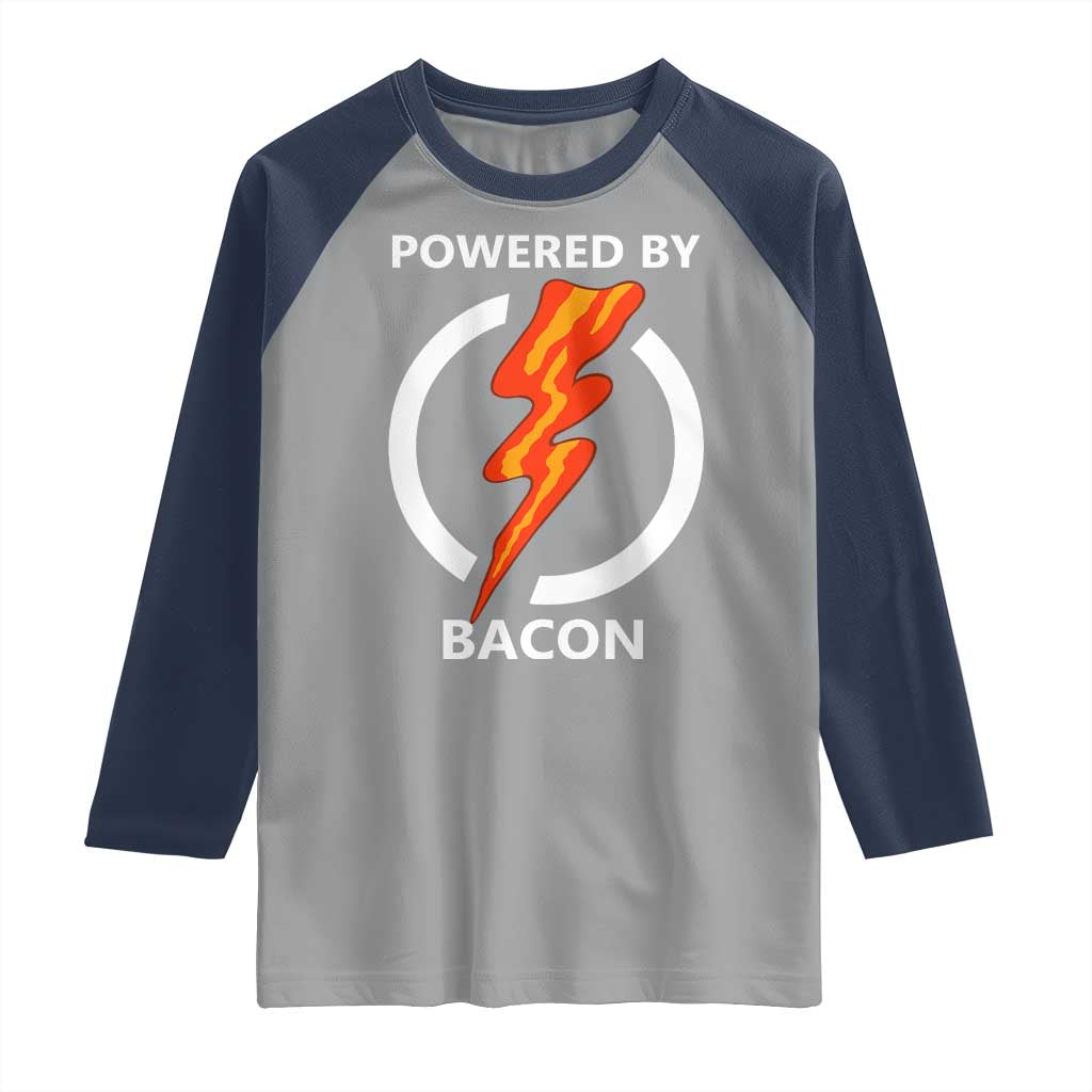 Funny Bacon Lover Raglan Shirt Powered By Bacon Cured Pork Master TS02 Sport Gray Navy Print Your Wear