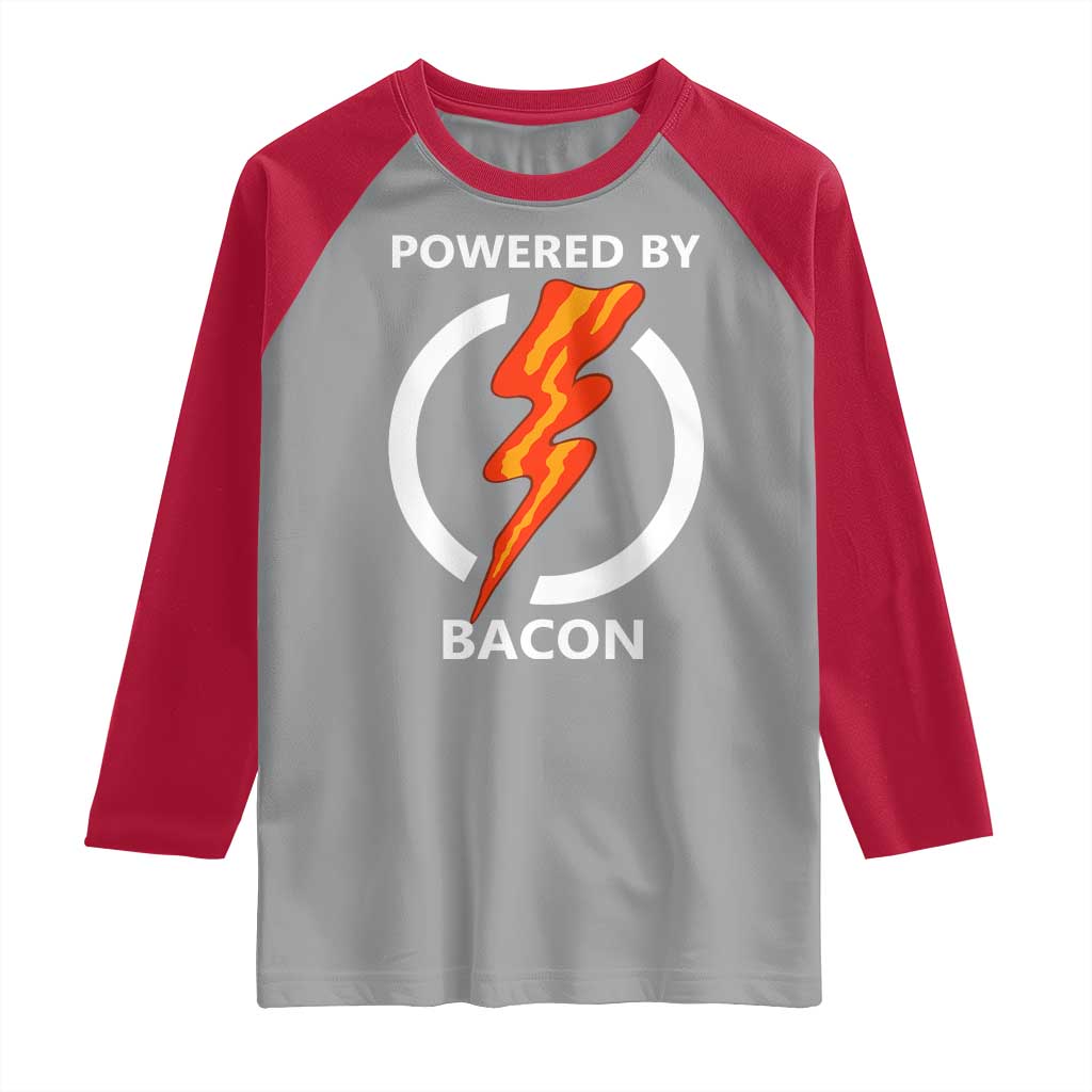 Funny Bacon Lover Raglan Shirt Powered By Bacon Cured Pork Master TS02 Sport Gray Red Print Your Wear