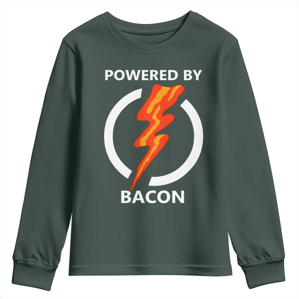 Funny Bacon Lover Youth Sweatshirt Powered By Bacon Cured Pork Master TS02 Dark Forest Green Print Your Wear
