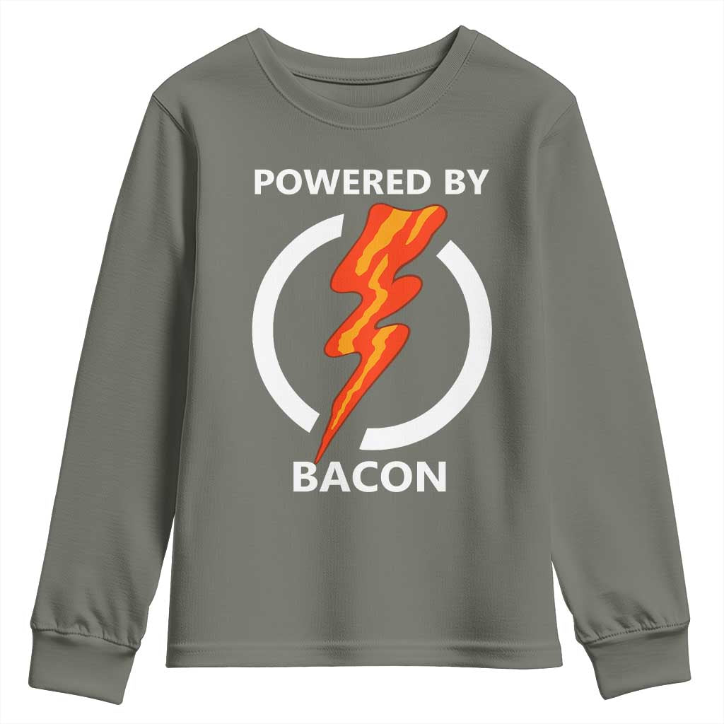 Funny Bacon Lover Youth Sweatshirt Powered By Bacon Cured Pork Master TS02 Military Green Print Your Wear