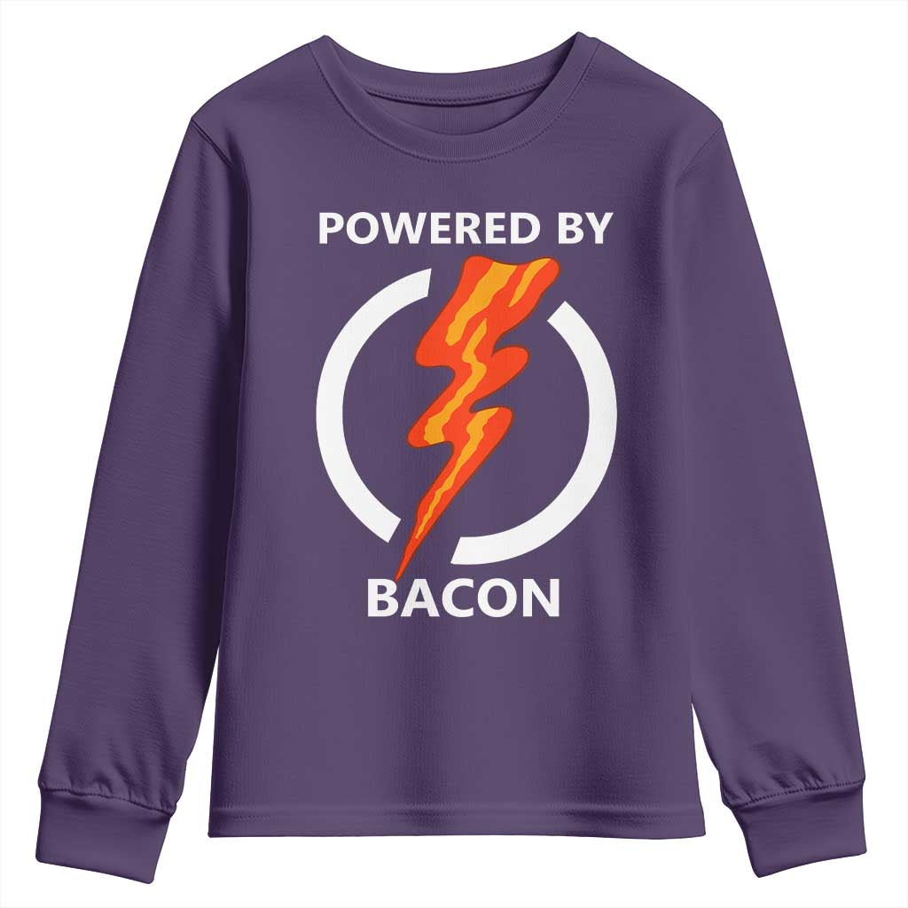 Funny Bacon Lover Youth Sweatshirt Powered By Bacon Cured Pork Master TS02 Purple Print Your Wear