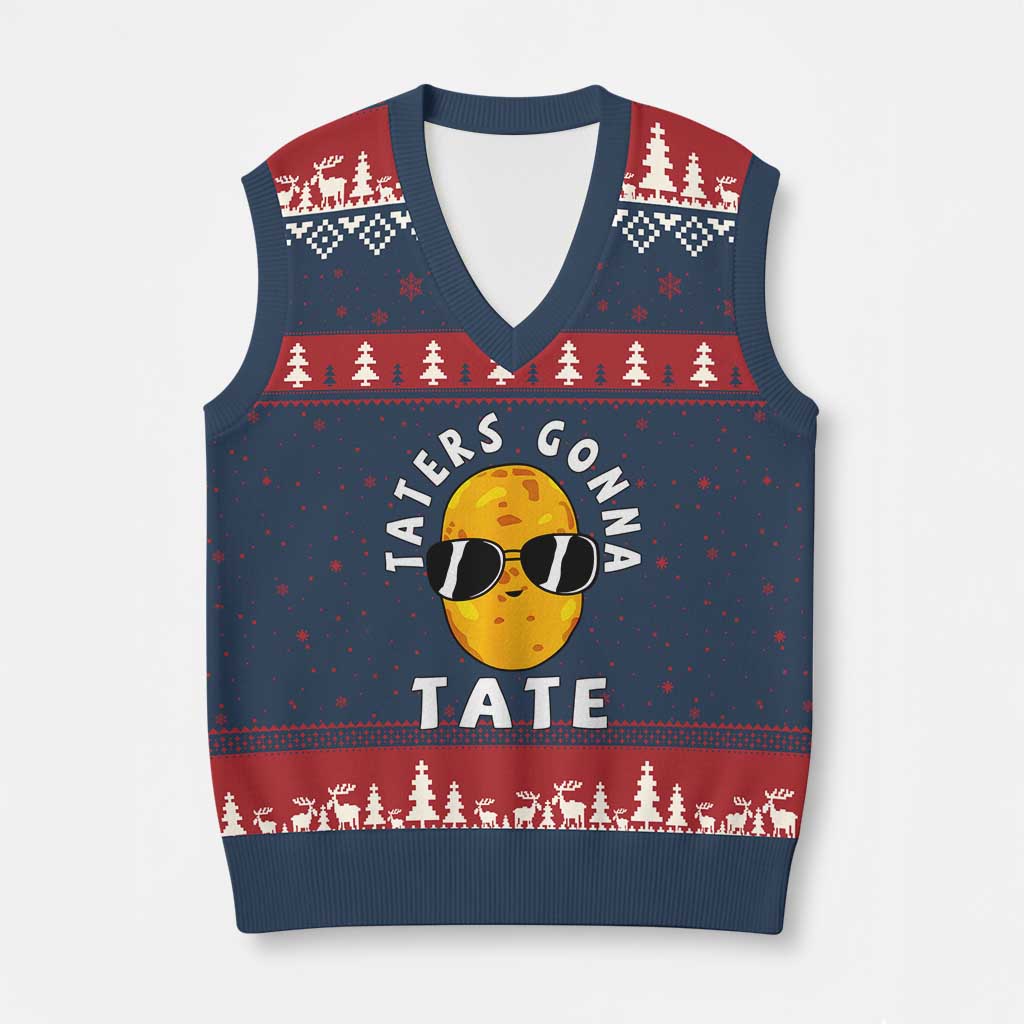 Funny Tater Tot V-Neck Knit Sweater Vest Taters Gonna Tate Tots Meme Potato Made Foodie Lover TS02 Navy Red Print Your Wear