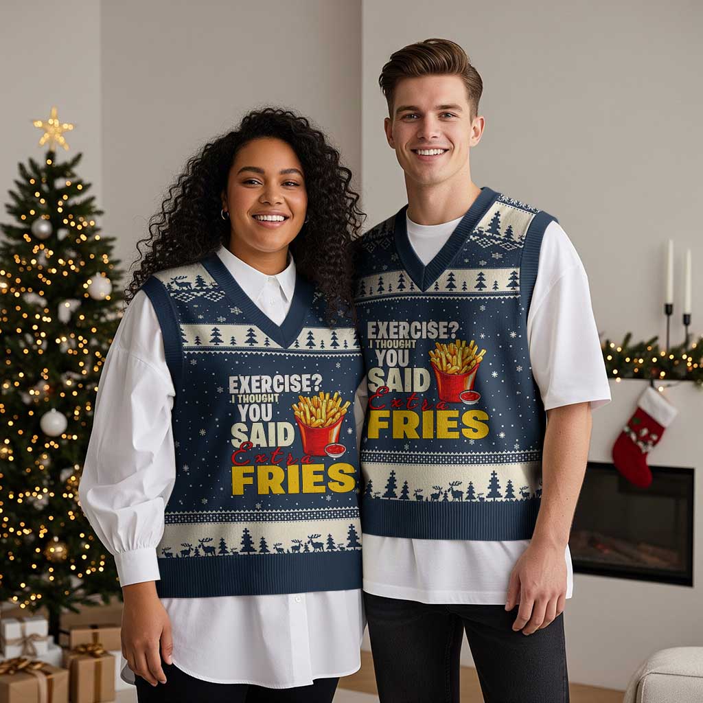 Funny French Fries V-Neck Knit Sweater Vest I Thought You Said Extra Fries Fast Food Fry Lover TS02 Navy Beige Print Your Wear