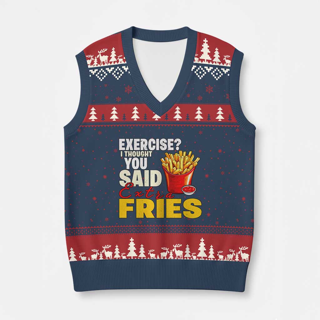 Funny French Fries V-Neck Knit Sweater Vest I Thought You Said Extra Fries Fast Food Fry Lover TS02 Navy Red Print Your Wear