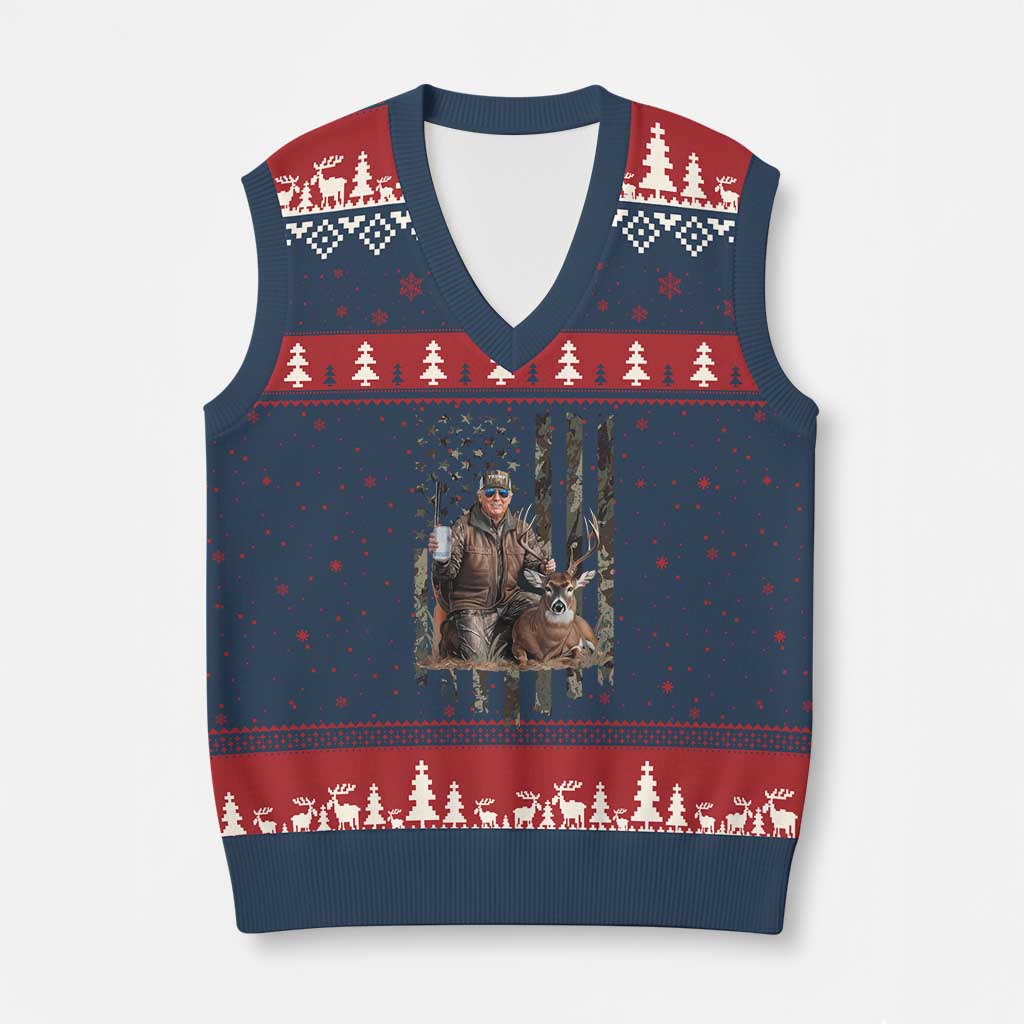 Trump Camo Deer Hunting V-Neck Knit Sweater Vest Hunter Beer Drinking Camouflage USA Flag Retro Vintage TS02 Navy Red Print Your Wear