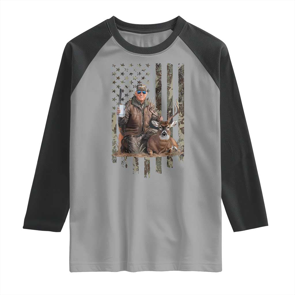 Trump Camo Deer Hunting Raglan Shirt Hunter Beer Drinking Camouflage USA Flag Retro Vintage TS02 Sport Gray Black Print Your Wear