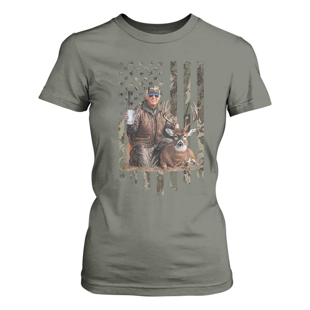 Trump Camo Deer Hunting T Shirt For Women Hunter Beer Drinking Camouflage USA Flag Retro Vintage TS02 Military Green Print Your Wear