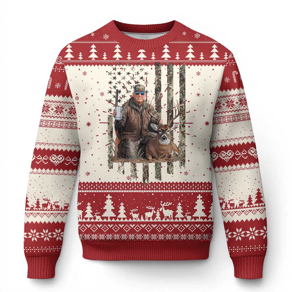 Trump Camo Deer Hunting Knit Sweatshirt Hunter Beer Drinking Camouflage USA Flag Retro Vintage TS02 Red Print Your Wear