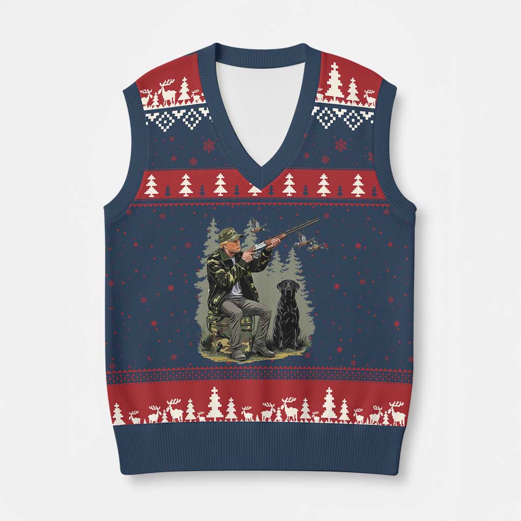 Trump Duck Hunting V-Neck Knit Sweater Vest Camo Hunter With Black Labrador Retriever Hunting Season TS02 Navy Red Print Your Wear
