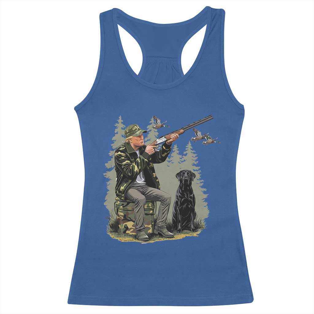 Trump Duck Hunting Racerback Tank Top Camo Hunter With Black Labrador Retriever Hunting Season TS02 Royal Blue Print Your Wear