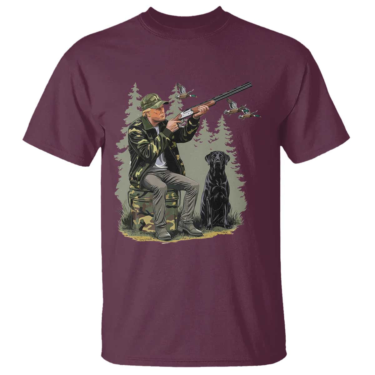 Trump Duck Hunting T Shirt Camo Hunter With Black Labrador Retriever Hunting Season TS02 Maroon Print Your Wear