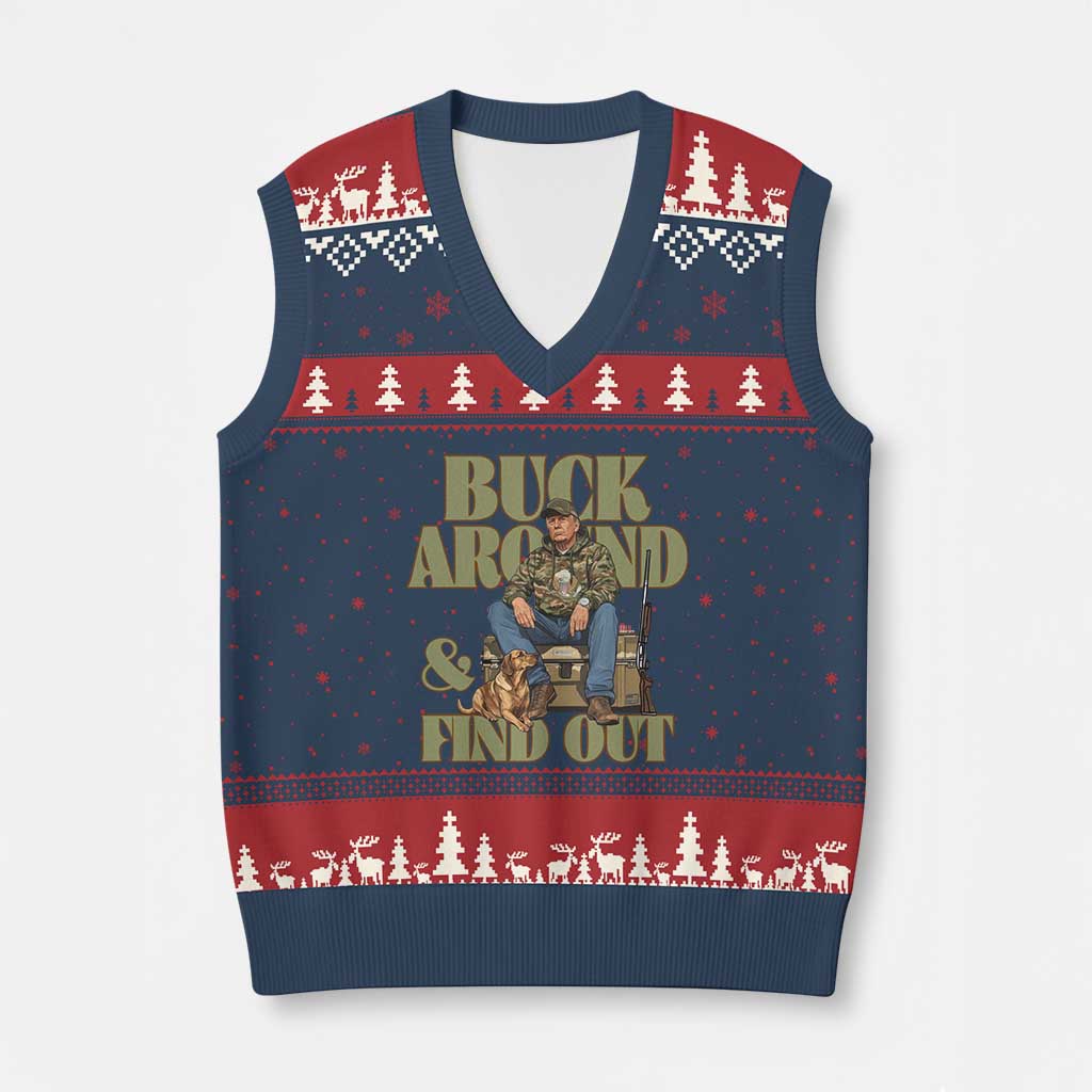 Trump Camo Hunting V-Neck Knit Sweater Vest Buck Around And Find Out TS02 Navy Red Print Your Wear