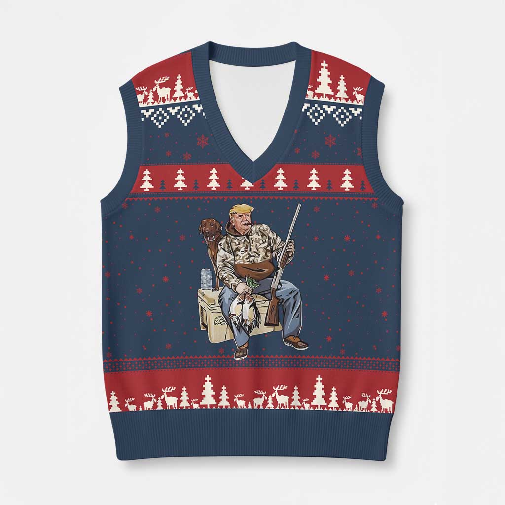 Trump Camo Duck Hunting V-Neck Knit Sweater Vest Funny Drinking Hunter With Dog Camoflage TS02 Navy Red Print Your Wear