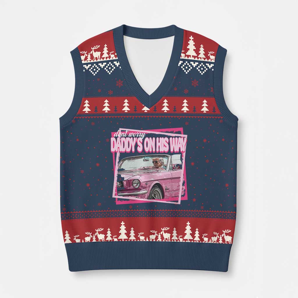 Trump Won 2024 V-Neck Knit Sweater Vest Dont Worry Daddy's On His Way Funny Pink TS02 Navy Red Print Your Wear