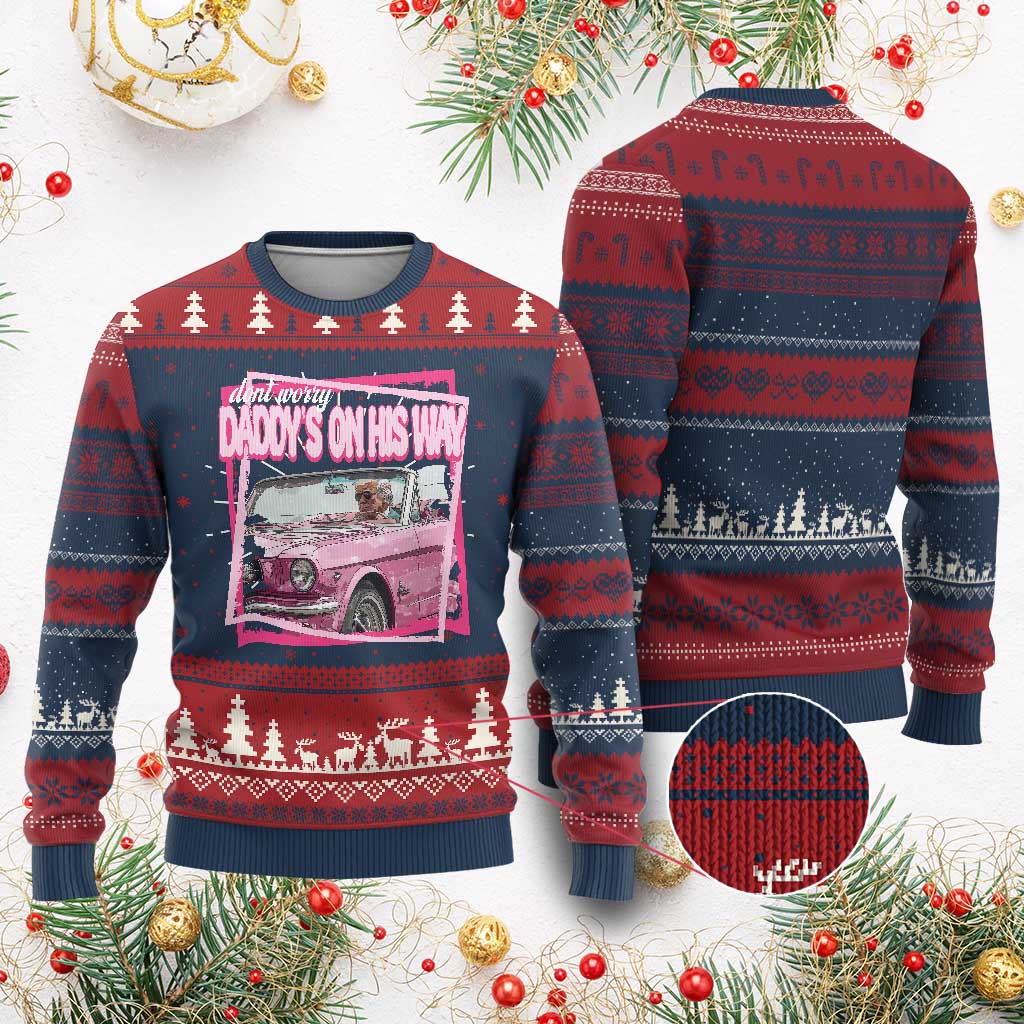 Trump Won 2024 Knit Sweatshirt Dont Worry Daddy's On His Way Funny Pink TS02 Burgundy Print Your Wear