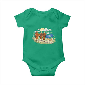 Walk for Peace Monks with Aloka the Dog Baby Onesie Spiritual Pilgrimage Buddhist Inspired TS02 Irish Green Print Your Wear