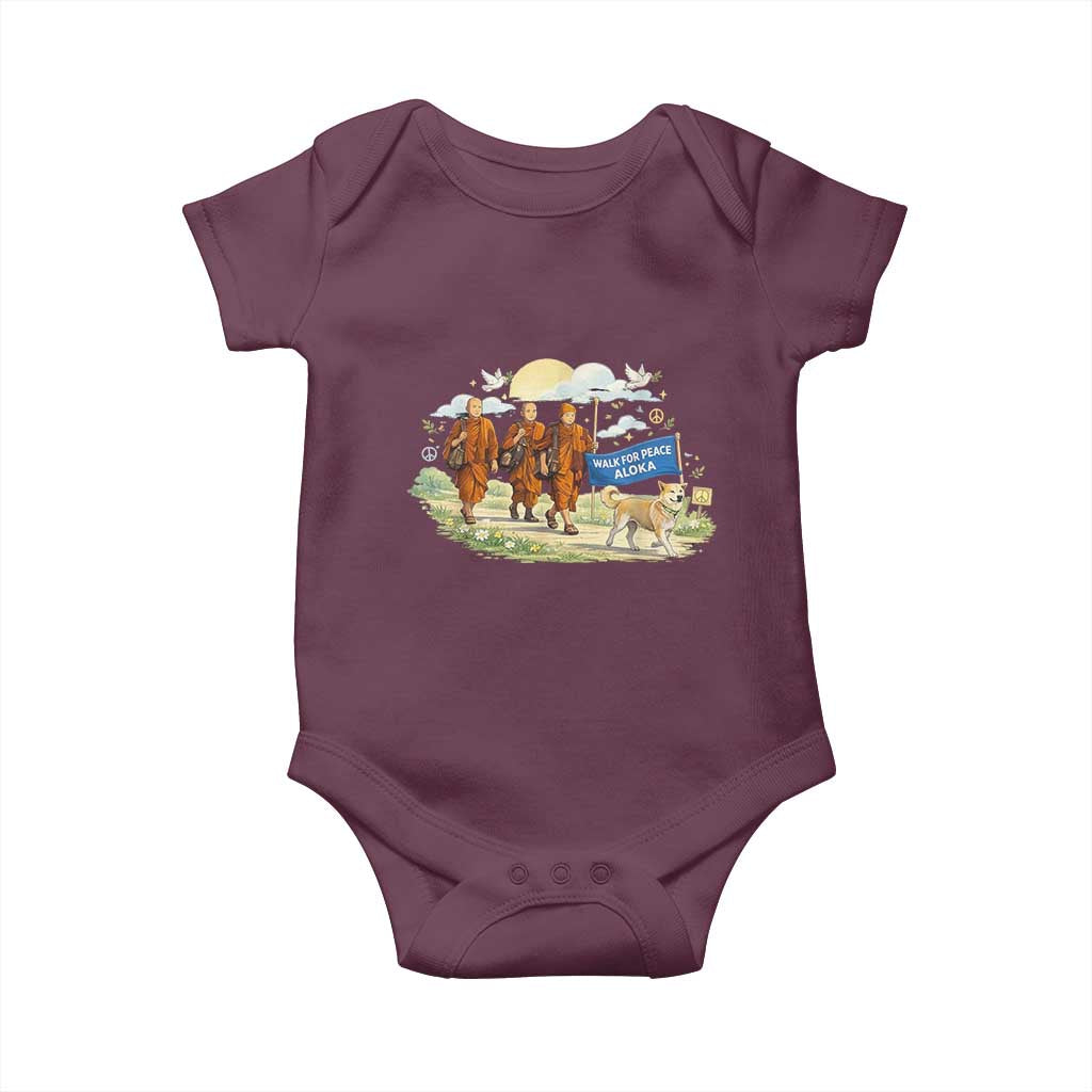 Walk for Peace Monks with Aloka the Dog Baby Onesie Spiritual Pilgrimage Buddhist Inspired TS02 Maroon Print Your Wear