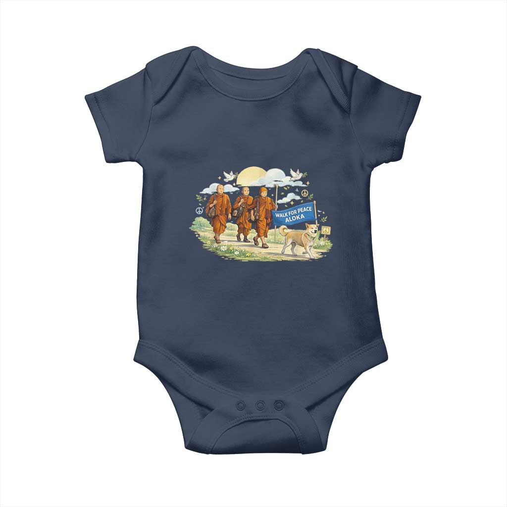 Walk for Peace Monks with Aloka the Dog Baby Onesie Spiritual Pilgrimage Buddhist Inspired TS02 Navy Print Your Wear