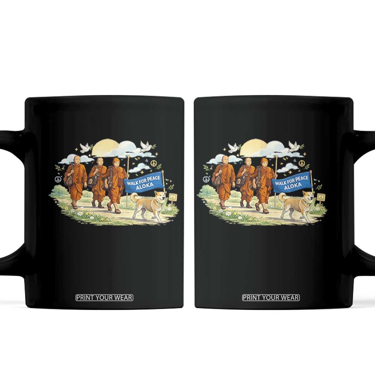 Walk for Peace Monks with Aloka the Dog Coffee Mug Spiritual Pilgrimage Buddhist Inspired TS02 Black Print Your Wear