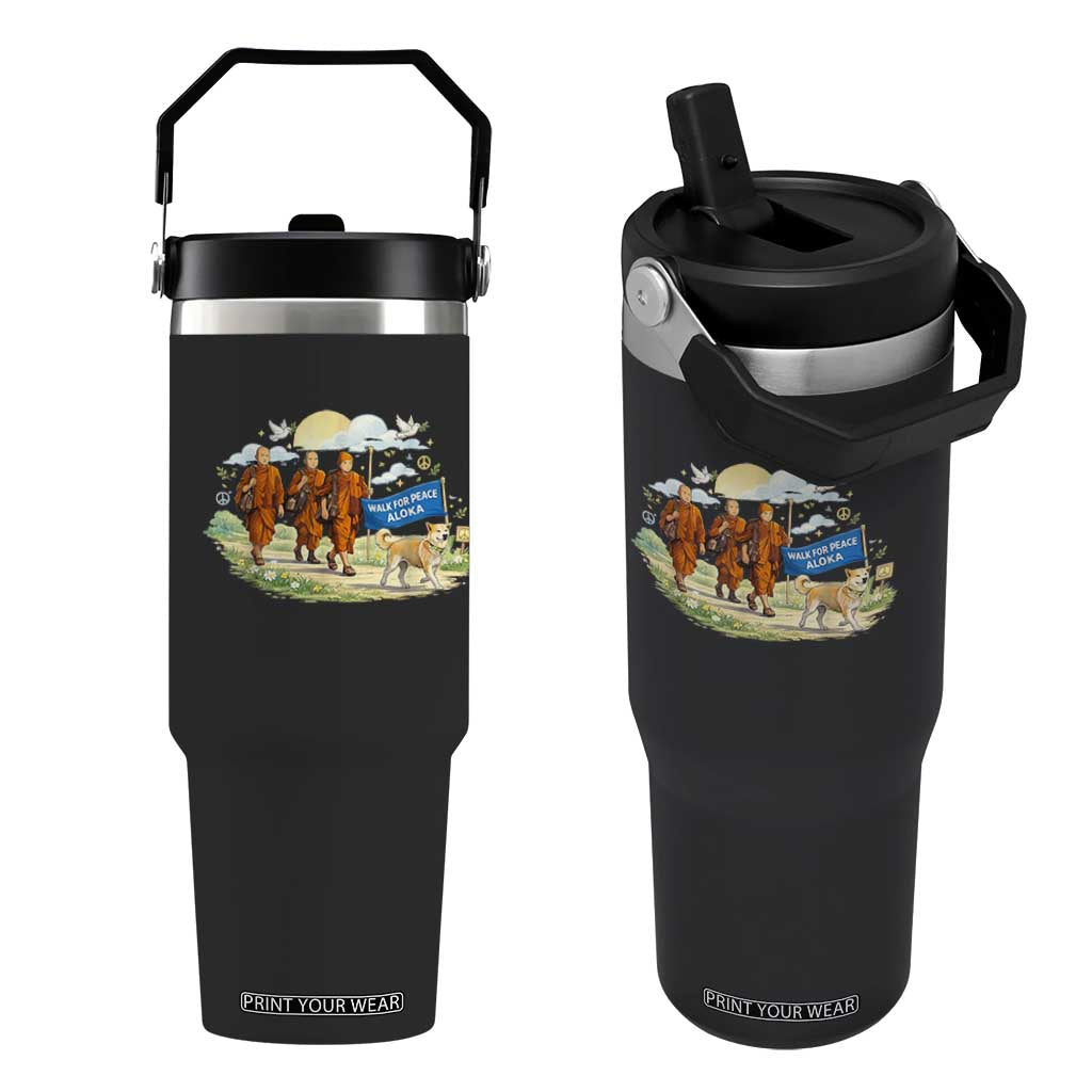 Walk for Peace Monks with Aloka the Dog Flip Straw Tumbler Spiritual Pilgrimage Buddhist Inspired TS02 One Size: 30 oz Black Print Your Wear