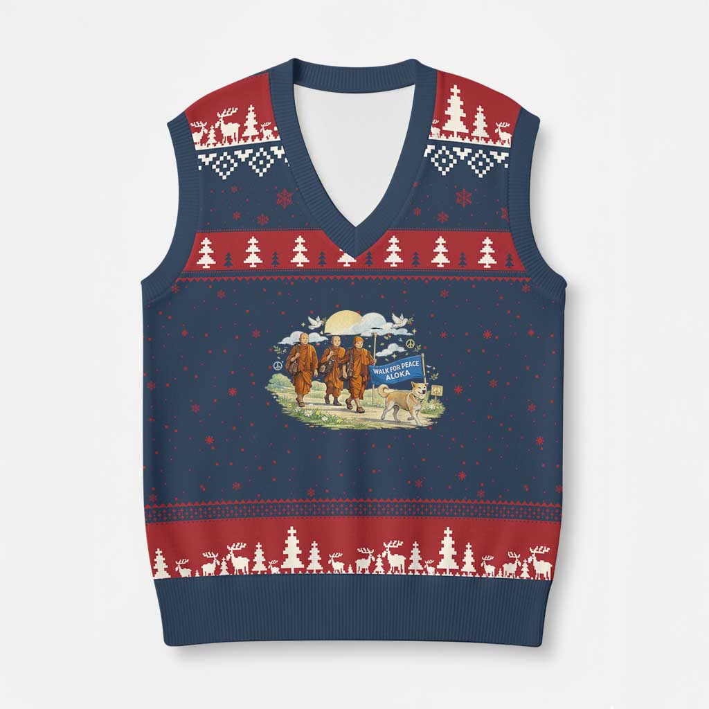 Walk for Peace Monks with Aloka the Dog V-Neck Knit Sweater Vest Spiritual Pilgrimage Buddhist Inspired TS02 Navy Red Print Your Wear