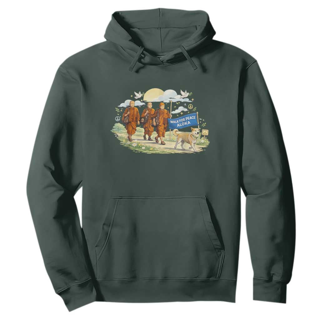 Walk for Peace Monks with Aloka the Dog Hoodie Spiritual Pilgrimage Buddhist Inspired TS02 Dark Forest Green Print Your Wear