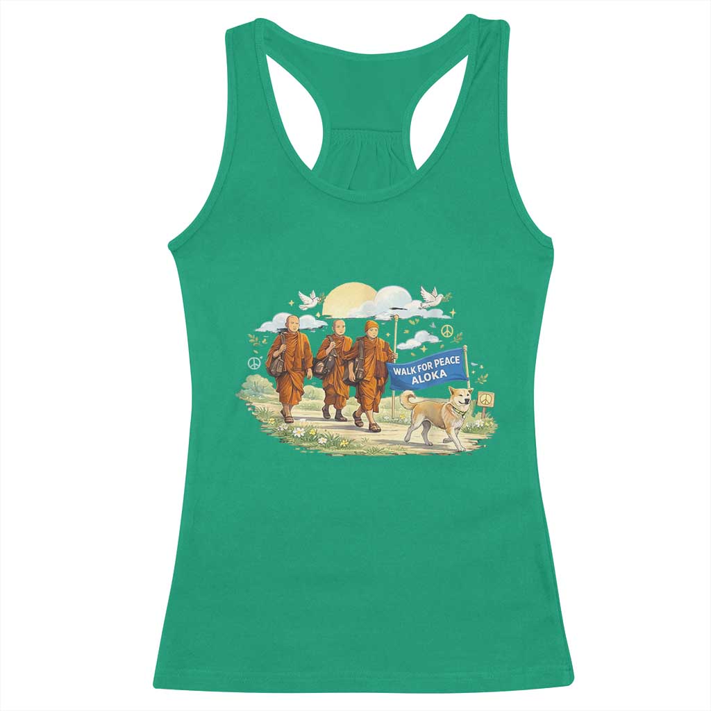 Walk for Peace Monks with Aloka the Dog Racerback Tank Top Spiritual Pilgrimage Buddhist Inspired TS02 Irish Green Print Your Wear