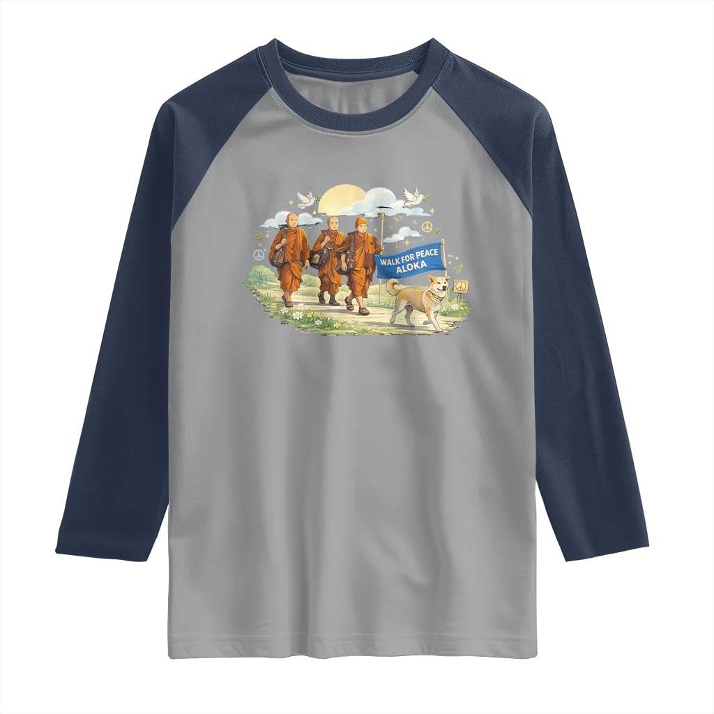 Walk for Peace Monks with Aloka the Dog Raglan Shirt Spiritual Pilgrimage Buddhist Inspired TS02 Sport Gray Navy Print Your Wear