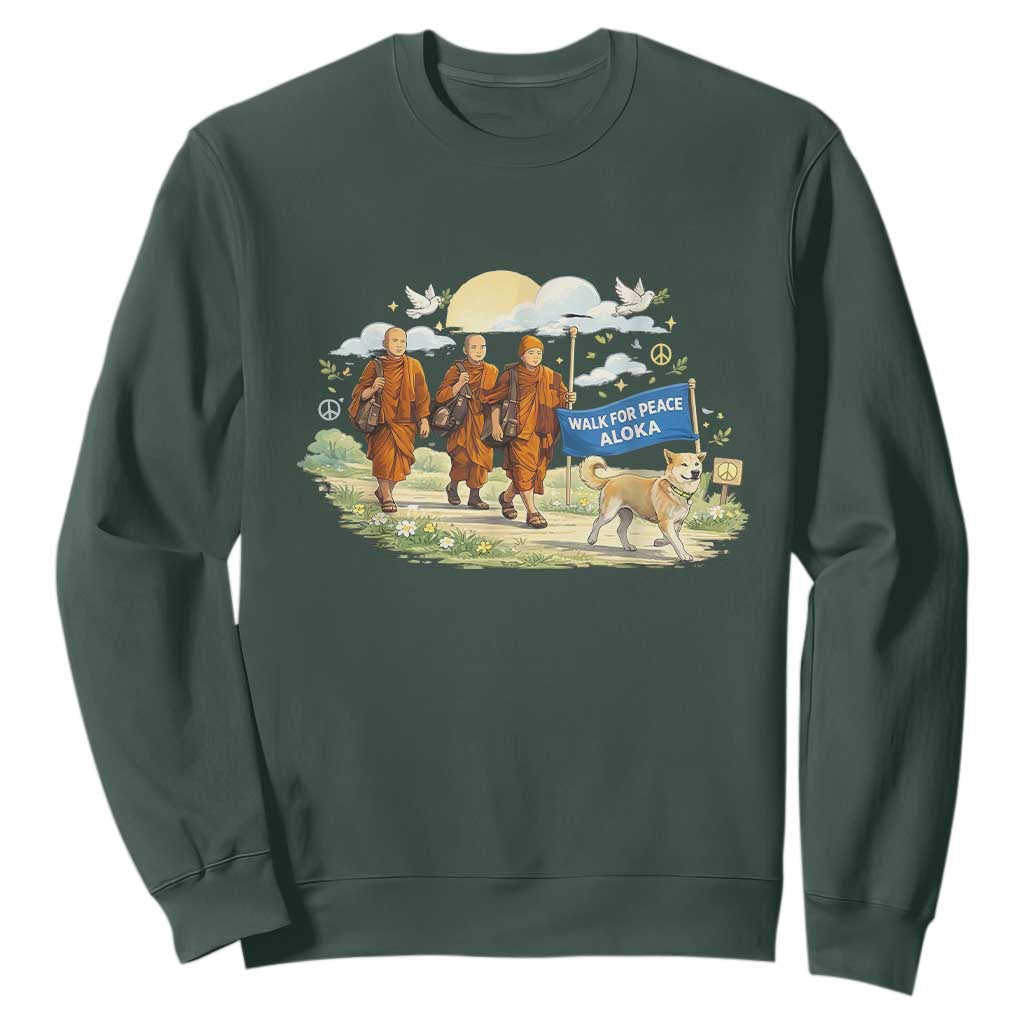 Walk for Peace Monks with Aloka the Dog Sweatshirt Spiritual Pilgrimage Buddhist Inspired TS02 Dark Forest Green Print Your Wear