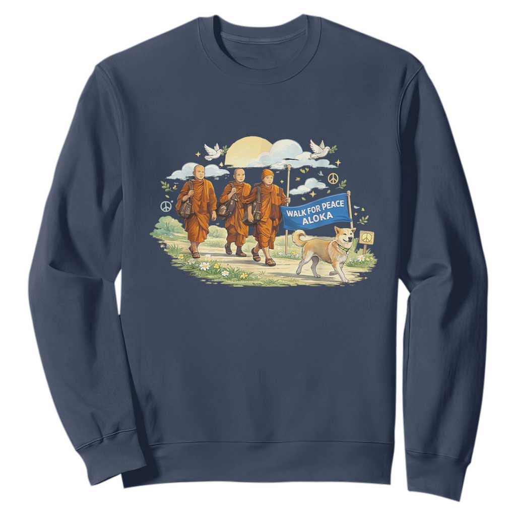 Walk for Peace Monks with Aloka the Dog Sweatshirt Spiritual Pilgrimage Buddhist Inspired TS02 Navy Print Your Wear