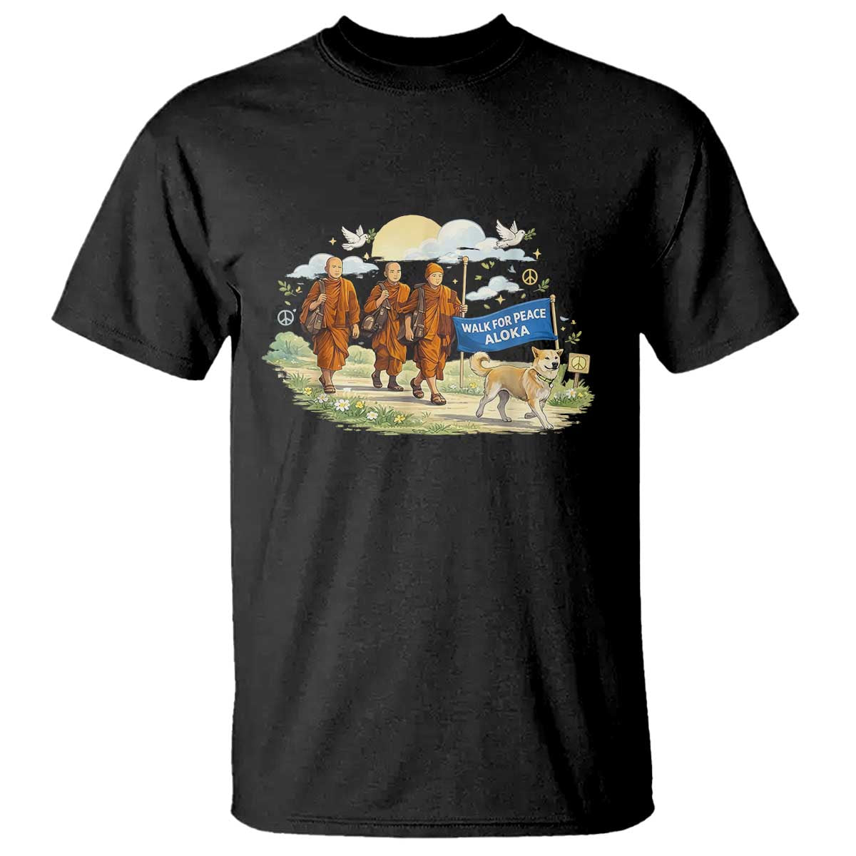 Walk for Peace Monks with Aloka the Dog T Shirt Spiritual Pilgrimage Buddhist Inspired - Print Your Wear