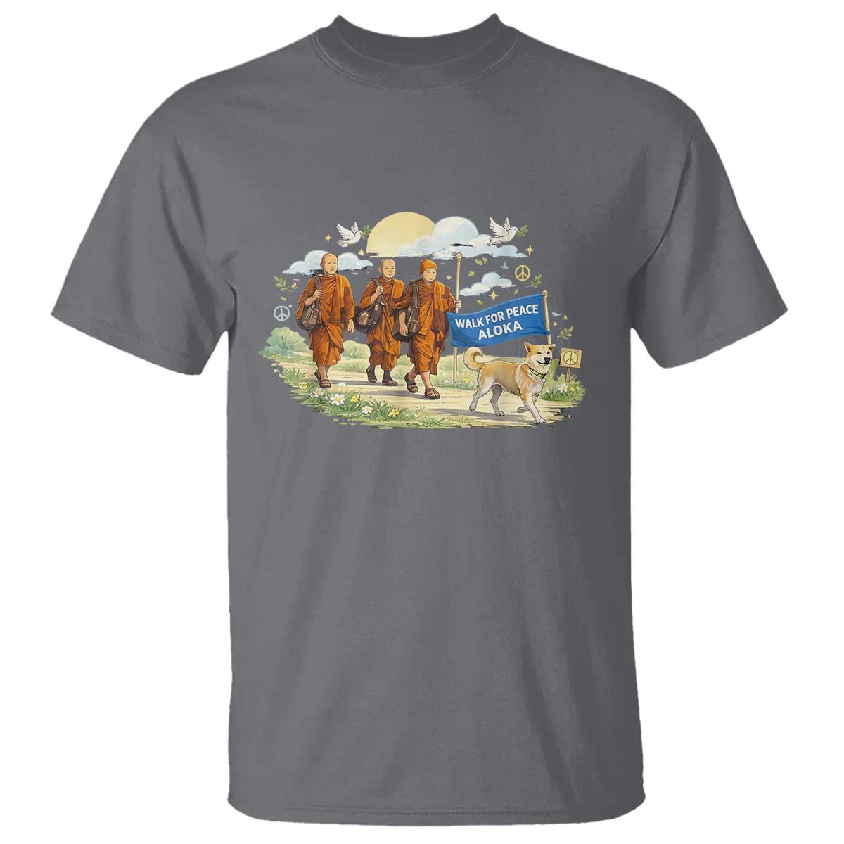 Walk for Peace Monks with Aloka the Dog T Shirt Spiritual Pilgrimage Buddhist Inspired TS02 Charcoal Print Your Wear