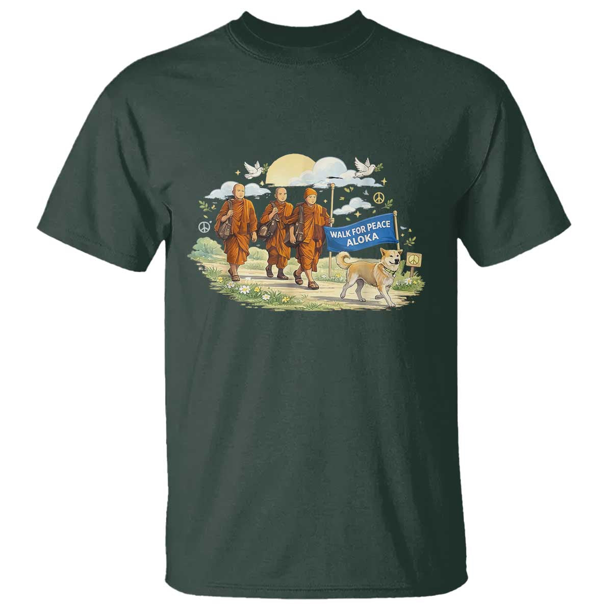 Walk for Peace Monks with Aloka the Dog T Shirt Spiritual Pilgrimage Buddhist Inspired TS02 Dark Forest Green Print Your Wear