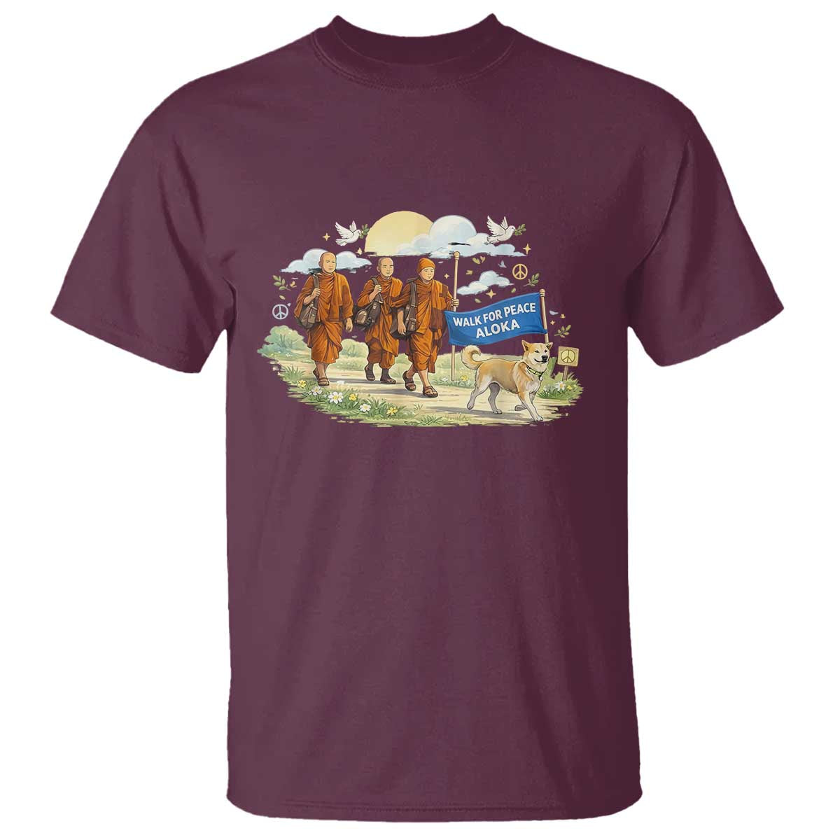 Walk for Peace Monks with Aloka the Dog T Shirt Spiritual Pilgrimage Buddhist Inspired TS02 Maroon Print Your Wear