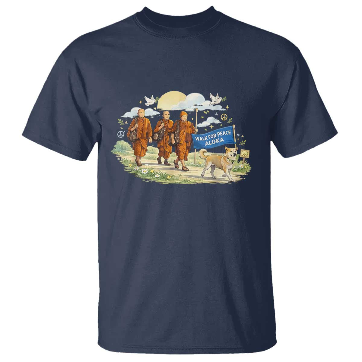 Walk for Peace Monks with Aloka the Dog T Shirt Spiritual Pilgrimage Buddhist Inspired TS02 Navy Print Your Wear