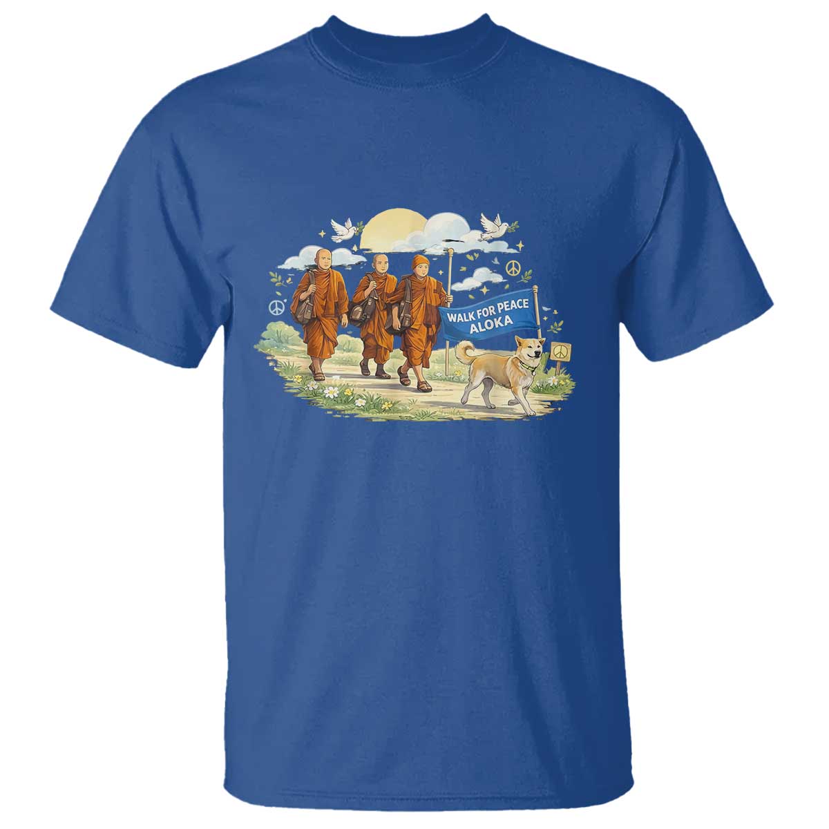 Walk for Peace Monks with Aloka the Dog T Shirt Spiritual Pilgrimage Buddhist Inspired TS02 Royal Blue Print Your Wear