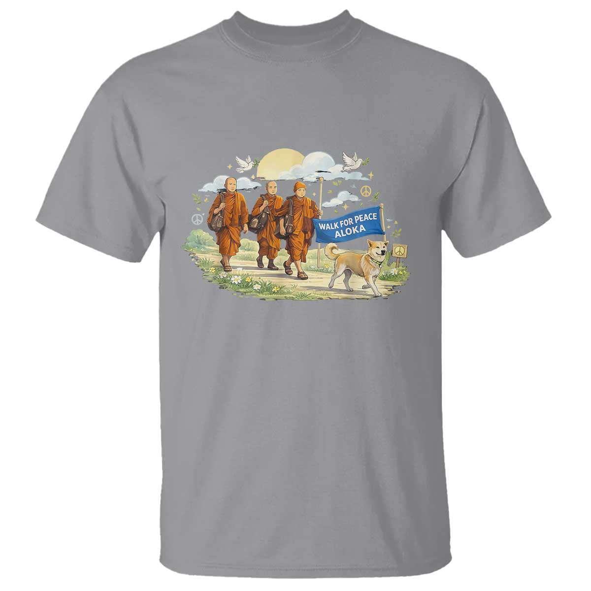 Walk for Peace Monks with Aloka the Dog T Shirt Spiritual Pilgrimage Buddhist Inspired TS02 Sport Gray Print Your Wear