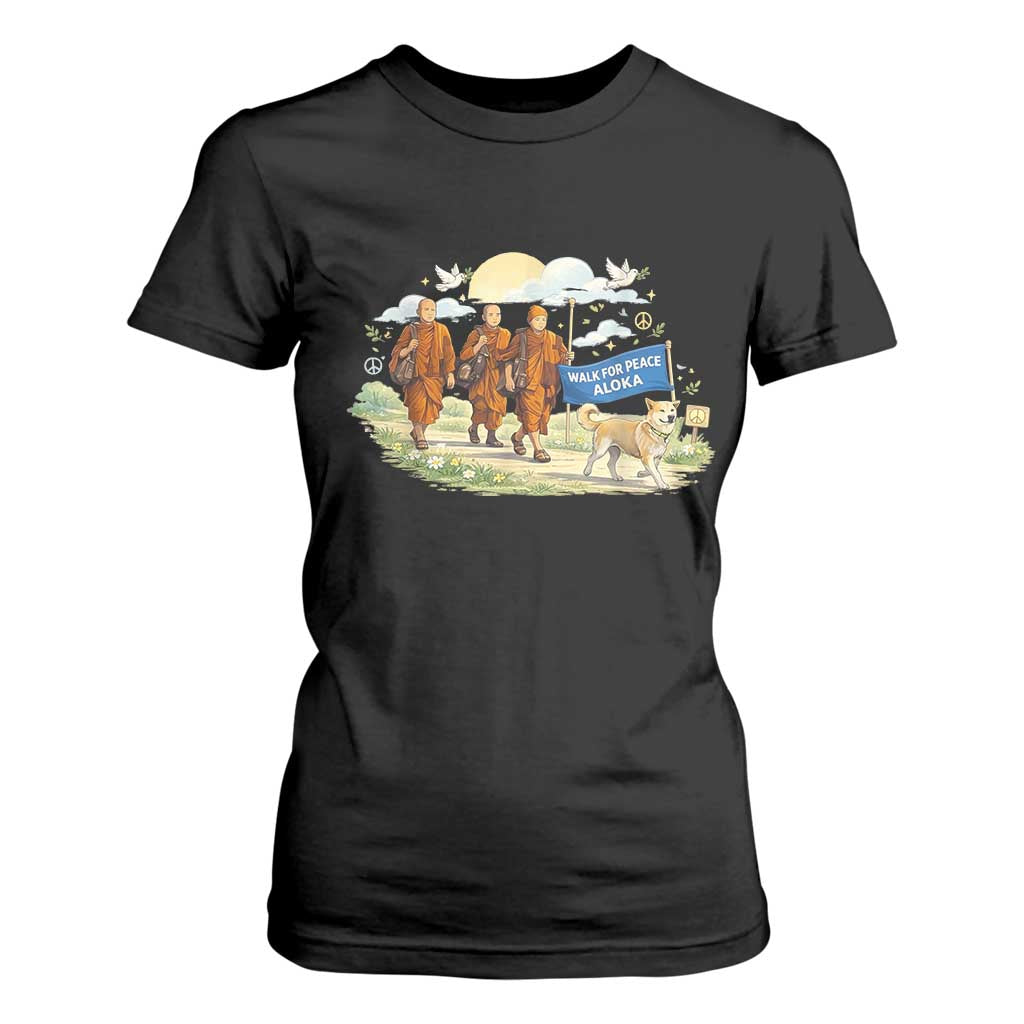 Walk for Peace Monks with Aloka the Dog T Shirt For Women Spiritual Pilgrimage Buddhist Inspired TS02 Black Print Your Wear